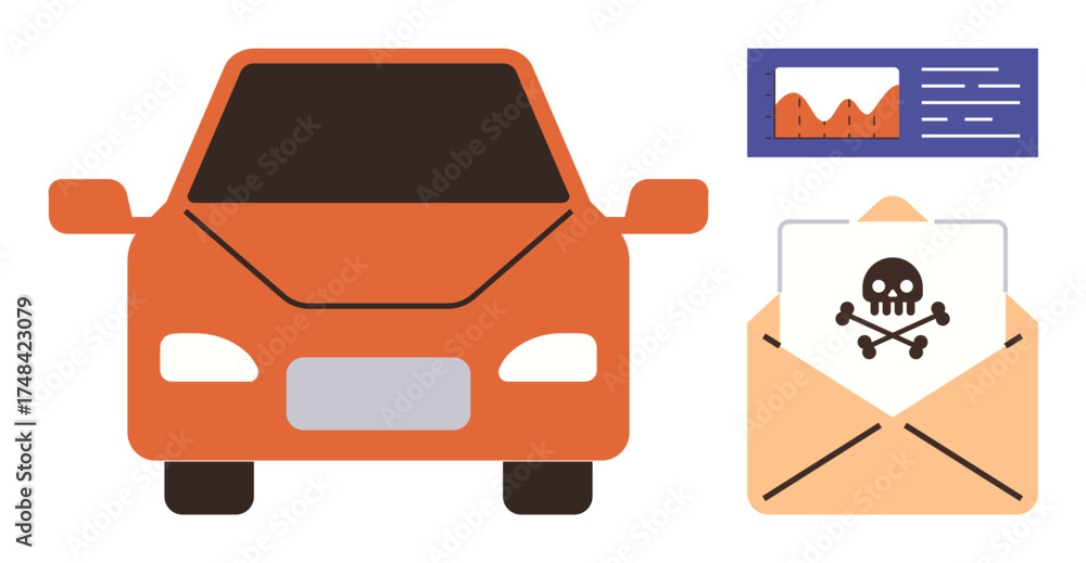 Naklejka premium Red car front, envelope with skull malware icon, and analytics chart emphasizing cyber risks. Ideal for cybersecurity, hacking, digital safety, automotive security, data breach, online protection