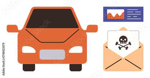 Red car front, envelope with skull malware icon, and analytics chart emphasizing cyber risks. Ideal for cybersecurity, hacking, digital safety, automotive security, data breach, online protection