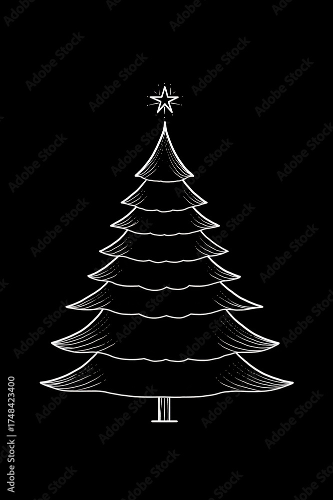 Obraz premium A simple, elegant illustration of a cartoon grand tree, outlined in white against a black background.
