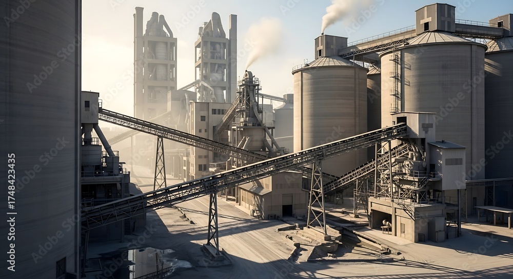 Fototapeta premium Industrial Cement Factory with Silos and Conveyor Belts Under a Hazy Sky
