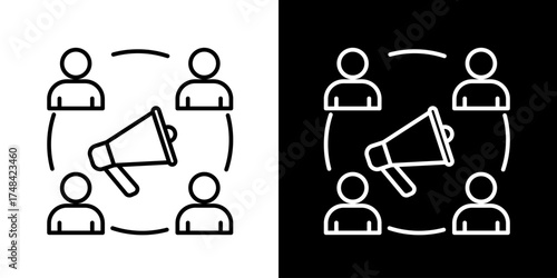 Vector line icon representing marketing, public relations, and audience communication with a megaphone and network of people