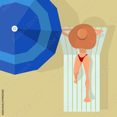 woman with a hat lying on a sun lounge chair, with a parasol on the beach