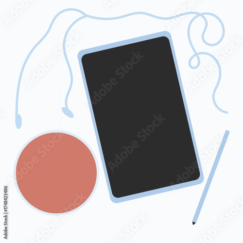 Flat vector illustration of a tablet in pastel colors, representing technology, creative work, and digital lifestyle. Perfect for online business, design tools, and modern workspace concepts.