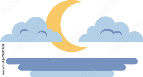 Stylized crescent moon with clouds and ocean, flat vector illustration