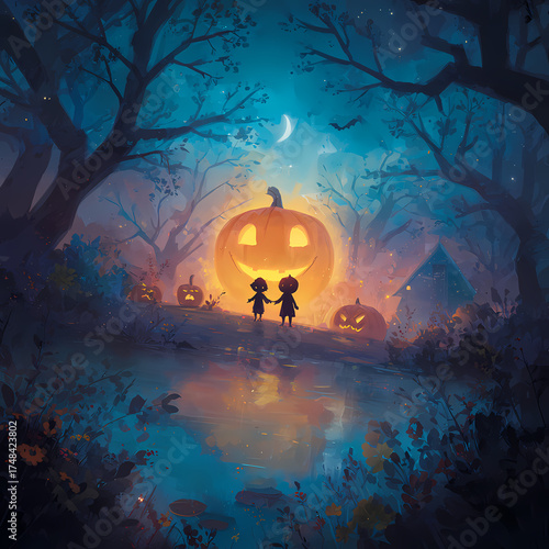 Dreamy Halloween Scene: Silhouettes, Glowing Pumpkins, Dark Forest Stream Reflection