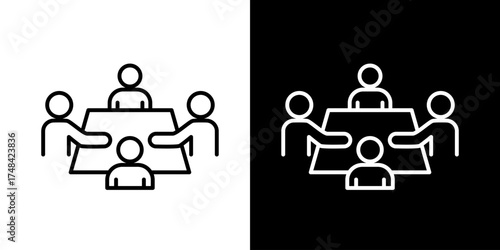 Vector line icon of people sitting around a table representing teamwork meeting collaboration discussion and group planning in black and white outline style