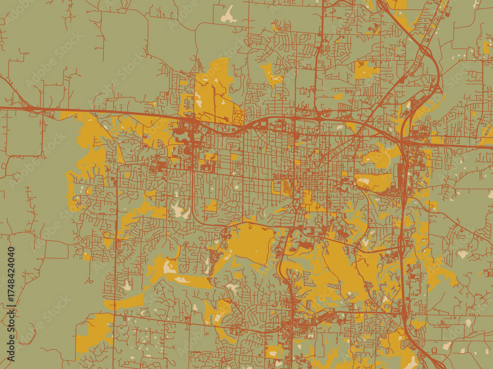 Fototapeta premium Stylized minimalist map of Columbia, Missouri in sage green ground with rust-red roads and ochre accents.