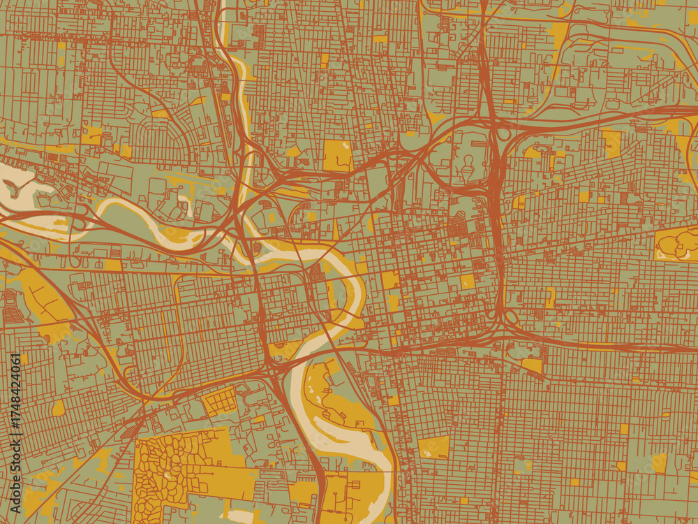 Obraz premium Stylized minimalist map of Columbus Center, Ohio in sage green ground with rust-red roads and ochre accents.