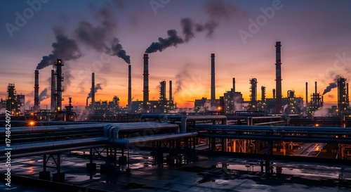 Industrial oil refinery complex with smoking chimneys at sunset, heavy industry landscape