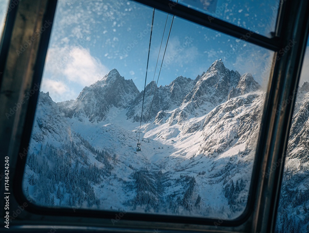 Obraz premium View from inside cable car ascending through snowy mountain range, slightly frosted window frame overlooking jagged snow-capped peaks under clear sky.