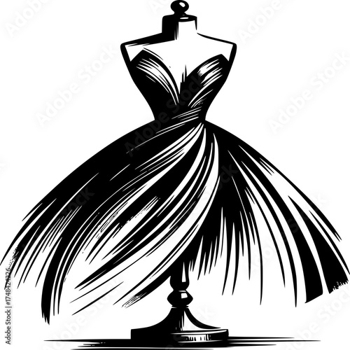 Elegant Gown on Dress Form: An artistic depiction of a beautiful gown draped upon a classic dress form, exuding elegance and showcasing timeless fashion design.