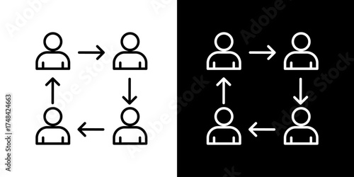 Vector line icon of people connected with arrows showing communication flow teamwork collaboration and information exchange in black and white outline style