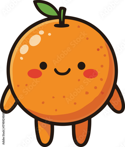 Cute orange fruit character, smiling face with rosy cheeks, cartoon illustration, anthropomorphic design, playful artwork, cheerful drawing, children educational content
