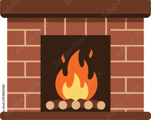 Cozy fireplace with burning logs and bricks design element illustration
