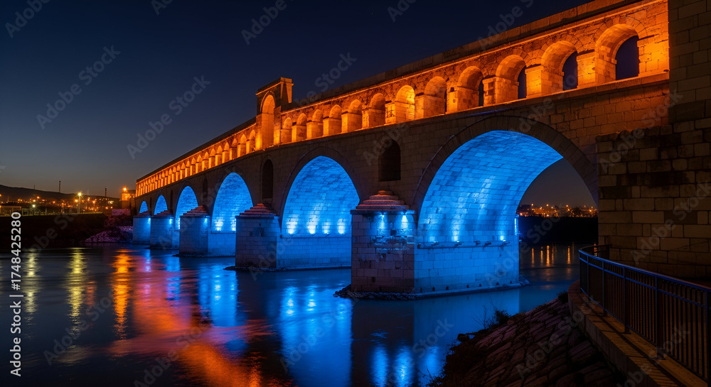 Fototapeta premium Ancient Stone Bridge Illuminated at Night architecture