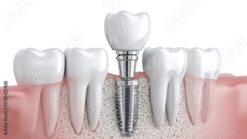 3D illustration of dental implant placement with titanium screw showing realistic tooth structure and medical accuracy on white background