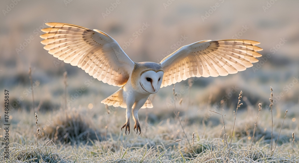 Fototapeta premium Barn Owl in Flight Over Frosty Field whisk