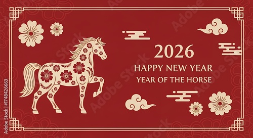 Festive 2026 Happy New Year Year of the Horse graphic with floral horse silhouette and traditional clouds and decorative border elements Celebration Animal Chinese New Year Oriental