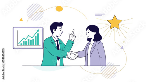 Business partners shaking hands celebrating success with a star and growth chart