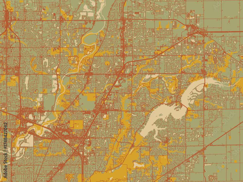 Naklejka premium Abstract flat-design map of Fishers, Indiana, featuring olive backdrop with warm rust street network and ochre blocks.