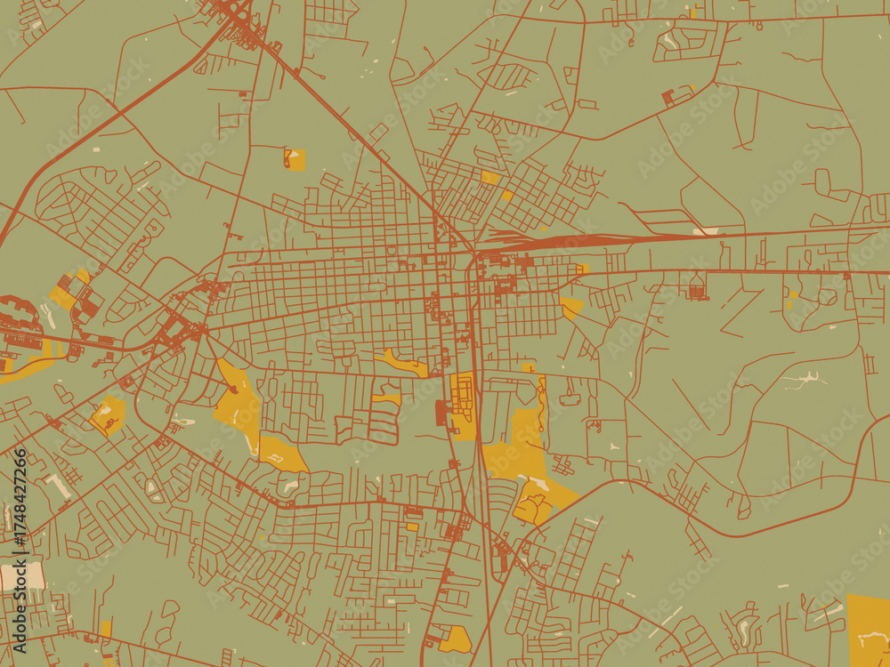 Fototapeta premium Graphic flat color map of Florence South, Carolina in earthy sage background with rust roadways and ochre details.