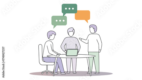 Team meeting with speech bubbles indicating communication and ideas