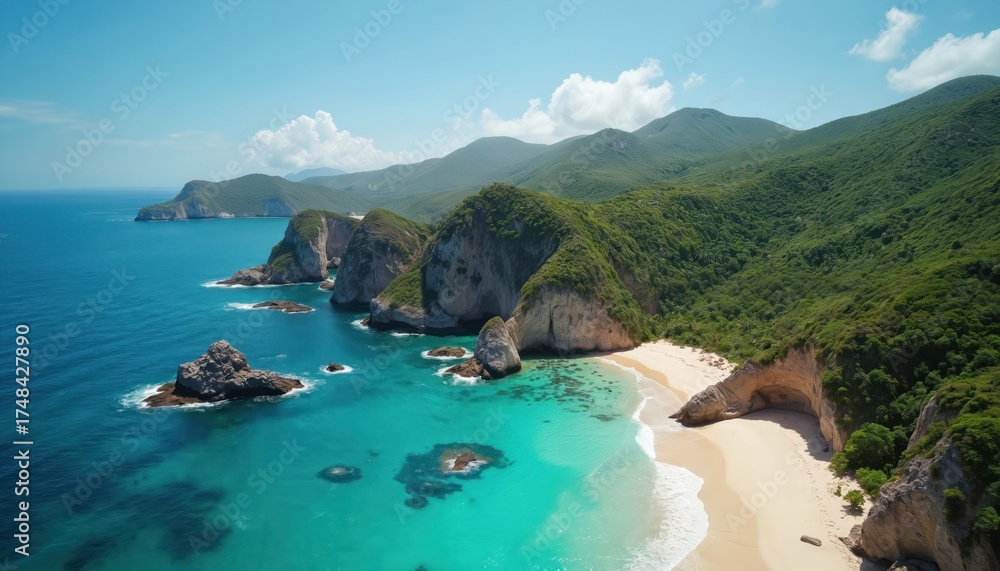 Obraz premium Coastal view reveals island. Turquoise water meets white sand beach. Rocky cliffs meet the green mountain side. Summer day. Paradise vacation and travel destination.