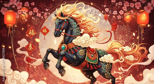A decorative black horse with flowing golden mane and tail adorned with auspicious patterns and festive elements illuminated by lanterns and fireworks flowing hair ornate traditional