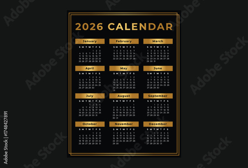 2026 Black and Gold Calendar Vector Design