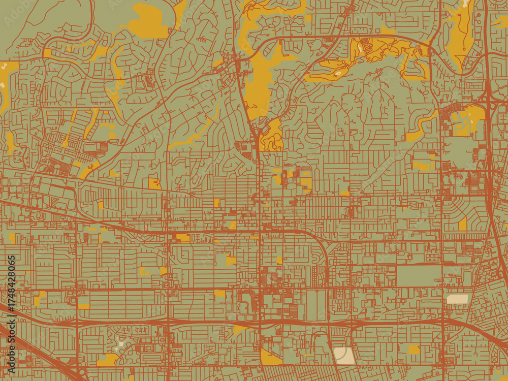Obraz premium Flat painterly map of Fullerton, California in muted sage base, rust-colored roads, and soft ochre highlights.