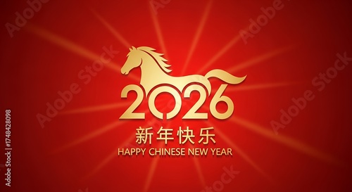 Golden horse silhouette above the year 2026 and Chinese text meaning Happy New Year on a red background with bright radiating light Chinese New Year celebration zodiac year of the horse