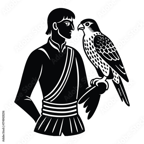 Man with Falcon Silhouette Image Black and White Vintage Style Illustration on White Background