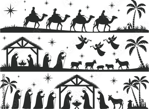 Three scene christmas nativity silhouette with wise men and angels