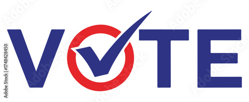 A graphic design of the word VOTE in blue, with the 'O' replaced by a red circle and a blue checkmark.