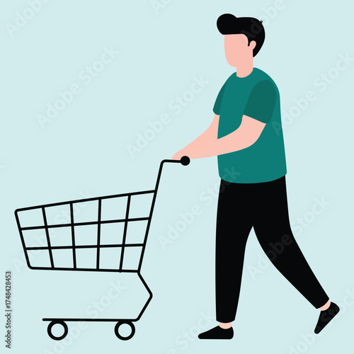 Man Pushing an Empty Shopping Cart Vector Illustration