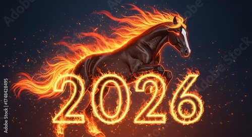 A dark horse with a fiery mane and tail leaps over the glowing numbers 2026 surrounded by sparks and embers against a dark background fire year celebration new year animal fantasy dramatic