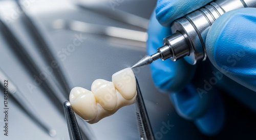 Closeup dental technician meticulously crafting porcelain dental bridge using specialized tools and equipment in laboratory setting