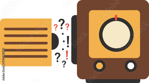 Vector graphic: old radio with paper and question/exclamation marks