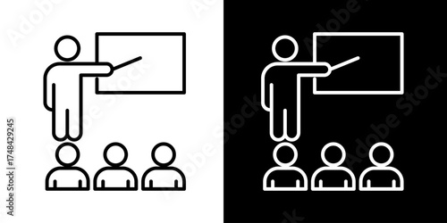 Vector line icon of teacher giving presentation to students representing education training seminar and learning process in black and white outline style