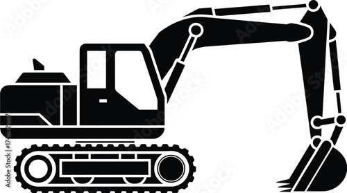 Black silhouette of an excavator with tracks and digging bucket arm