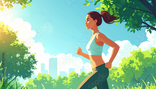 Motivated young woman running outdoors, enjoying the sun and fresh air. Female jogger in activewear running through a scenic park in the city. Woman sprinting on a sunny day in the park,