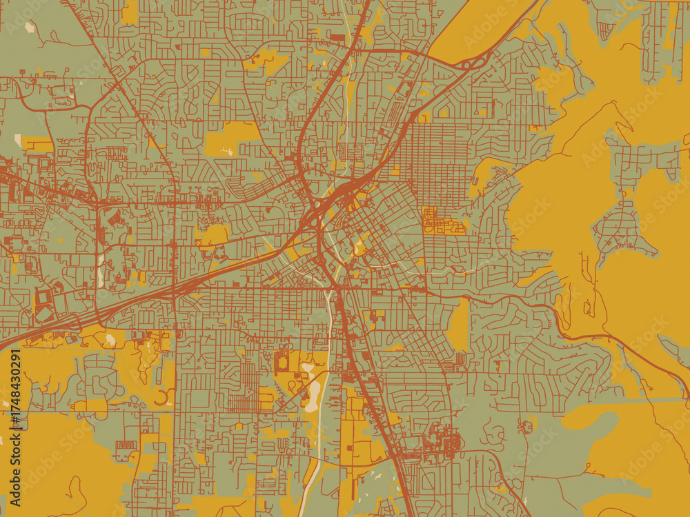 Obraz premium Vector-style flat map of Huntsville, Alabama with sage green ground with rust-red roads and ochre accents.