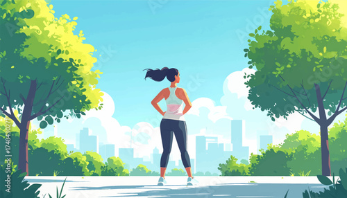 Female runner pausing to take in the view, embracing fitness , nature. Woman stretching after jog in the park, surrounded by fresh air and greenery. Active woman enjoys a peaceful moment after running