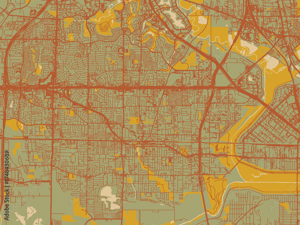Obraz premium Abstract flat-design map of Irving, Texas, featuring olive backdrop with warm rust street network and ochre blocks.