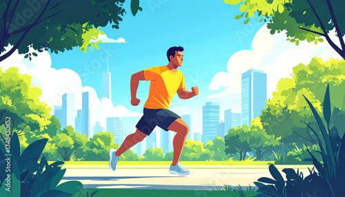 Morning jog in the park with a bright city skyline. Active person running through a green park with city view. Jogging outdoors, enjoying fresh air in an urban setting. Run in the park
