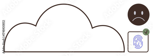Cloud outline with biometric fingerprint pad and negative emoticon highlighting security concerns. Ideal for technology, privacy, cybersecurity, authentication, access control, cloud storage, data