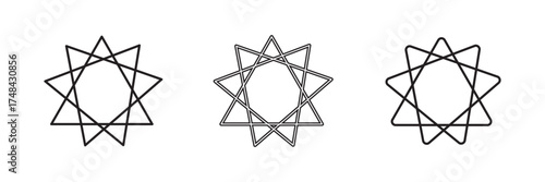 Bahai star. Black linear Baha'i symbols set. nine pointed star bahai symbol set. Religious symbol of Bahaism. Vector illustration.