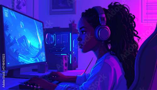 Gamer immersed in digital gameplay under soft purple RGB lighting. Focused gamer under vibrant RGB lighting with powerful PC setup. Immersive night gaming with cool lighting effects and focused player