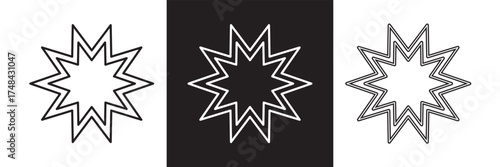 Bahai star. Black linear Baha'i symbols set. nine pointed star bahai symbol set. Religious symbol of Bahaism. Vector illustration.