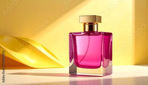 Wallpaper Mural Elegant magenta perfume bottle on yellow background high resolution photo Torontodigital.ca
